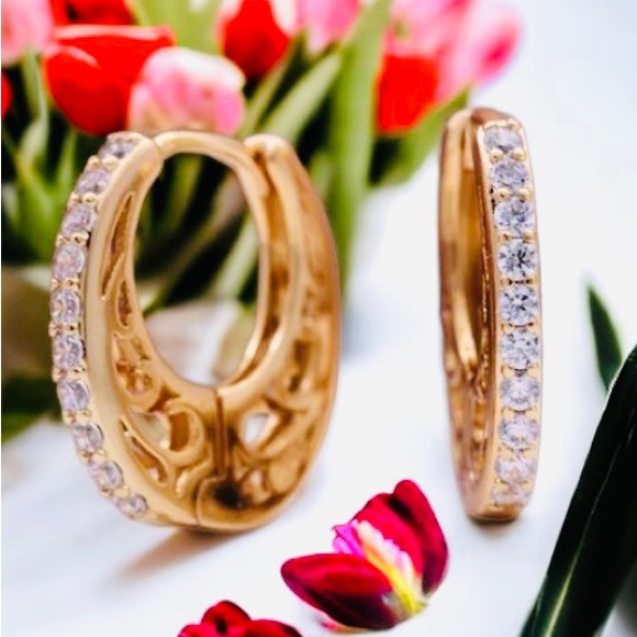 14K Gold Plated, White Zirconia Cuff Earrings Huggie Hoop Earrings for Women - Picture 5 of 5